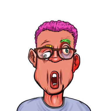 Beyaz arka planda izole edilmiş komik yüz ifadesi olan hayali çizgi film karakterinin karikatür mizahı.