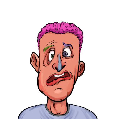 Beyaz arka planda izole edilmiş komik yüz ifadesi olan hayali çizgi film karakterinin karikatür mizahı.