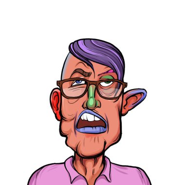 Beyaz arka planda izole edilmiş komik yüz ifadesi olan hayali çizgi film karakterinin karikatür mizahı.