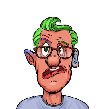 Beyaz arka planda izole edilmiş komik yüz ifadesi olan hayali çizgi film karakterinin karikatür mizahı.