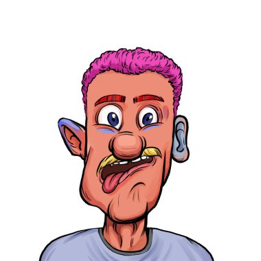 Beyaz arka planda izole edilmiş komik yüz ifadesi olan hayali çizgi film karakterinin karikatür mizahı.