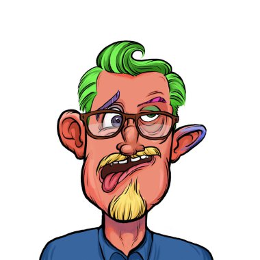 Beyaz arka planda izole edilmiş komik yüz ifadesi olan hayali çizgi film karakterinin karikatür mizahı.