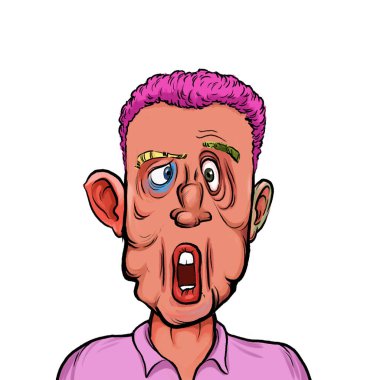 Beyaz arka planda izole edilmiş komik yüz ifadesi olan hayali çizgi film karakterinin karikatür mizahı.