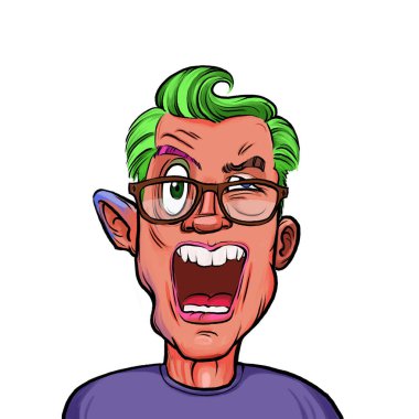 Beyaz arka planda izole edilmiş komik yüz ifadesi olan hayali çizgi film karakterinin karikatür mizahı.