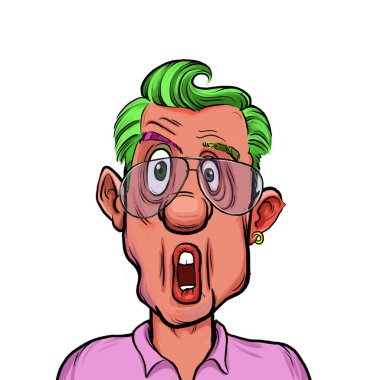 Beyaz arka planda izole edilmiş komik yüz ifadesi olan hayali çizgi film karakterinin karikatür mizahı.