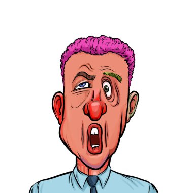 Beyaz arka planda izole edilmiş komik yüz ifadesi olan hayali çizgi film karakterinin karikatür mizahı.