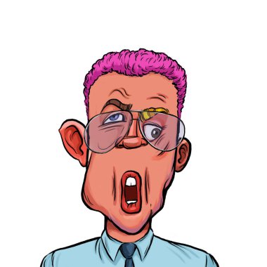 Beyaz arka planda izole edilmiş komik yüz ifadesi olan hayali çizgi film karakterinin karikatür mizahı.