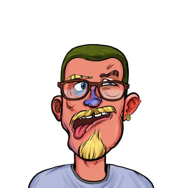 Beyaz arka planda izole edilmiş komik yüz ifadesi olan hayali çizgi film karakterinin karikatür mizahı.