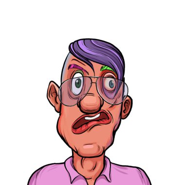 Beyaz arka planda izole edilmiş komik yüz ifadesi olan hayali çizgi film karakterinin karikatür mizahı.