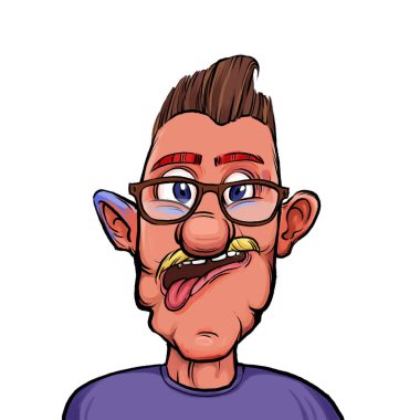 Beyaz arka planda izole edilmiş komik yüz ifadesi olan hayali çizgi film karakterinin karikatür mizahı.