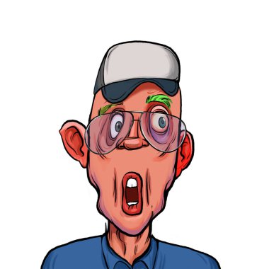 Beyaz arka planda izole edilmiş komik yüz ifadesi olan hayali çizgi film karakterinin karikatür mizahı.