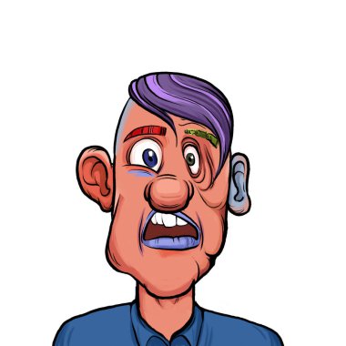 Beyaz arka planda izole edilmiş komik yüz ifadesi olan hayali çizgi film karakterinin karikatür mizahı.