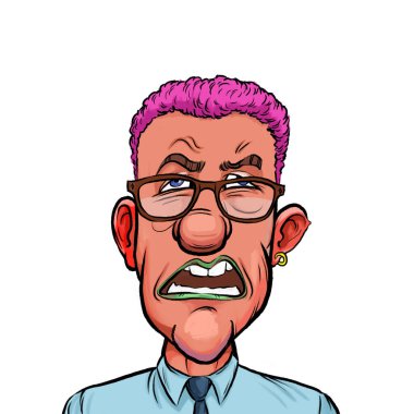 Beyaz arka planda izole edilmiş komik yüz ifadesi olan hayali çizgi film karakterinin karikatür mizahı.