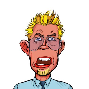 Beyaz arka planda izole edilmiş komik yüz ifadesi olan hayali çizgi film karakterinin karikatür mizahı.