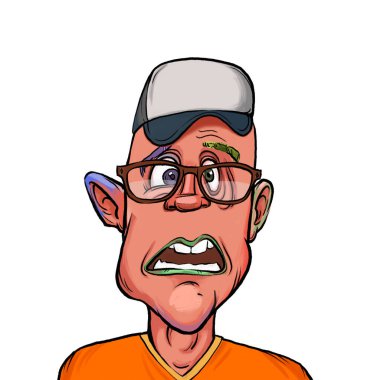 Beyaz arka planda izole edilmiş komik yüz ifadesi olan hayali çizgi film karakterinin karikatür mizahı.