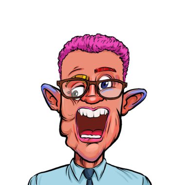 Beyaz arka planda izole edilmiş komik yüz ifadesi olan hayali çizgi film karakterinin karikatür mizahı.