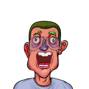 Beyaz arka planda izole edilmiş komik yüz ifadesi olan hayali çizgi film karakterinin karikatür mizahı.