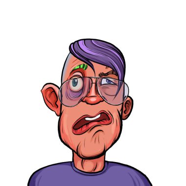 Beyaz arka planda izole edilmiş komik yüz ifadesi olan hayali çizgi film karakterinin karikatür mizahı.