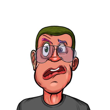Beyaz arka planda izole edilmiş komik yüz ifadesi olan hayali çizgi film karakterinin karikatür mizahı.
