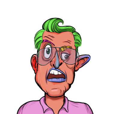 Beyaz arka planda izole edilmiş komik yüz ifadesi olan hayali çizgi film karakterinin karikatür mizahı.