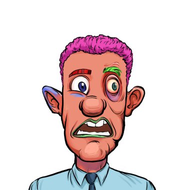 Beyaz arka planda izole edilmiş komik yüz ifadesi olan hayali çizgi film karakterinin karikatür mizahı.