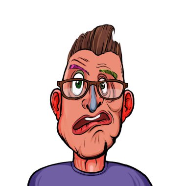 Beyaz arka planda izole edilmiş komik yüz ifadesi olan hayali çizgi film karakterinin karikatür mizahı.