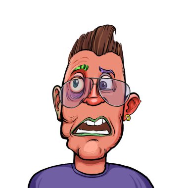 Beyaz arka planda izole edilmiş komik yüz ifadesi olan hayali çizgi film karakterinin karikatür mizahı.