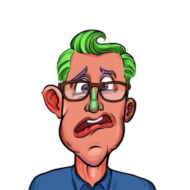 Beyaz arka planda izole edilmiş komik yüz ifadesi olan hayali çizgi film karakterinin karikatür mizahı.