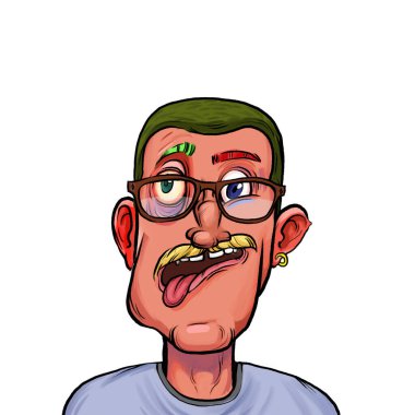 Beyaz arka planda izole edilmiş komik yüz ifadesi olan hayali çizgi film karakterinin karikatür mizahı.