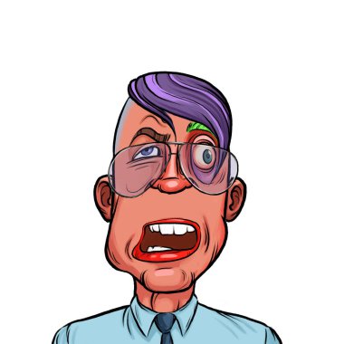Beyaz arka planda izole edilmiş komik yüz ifadesi olan hayali çizgi film karakterinin karikatür mizahı.