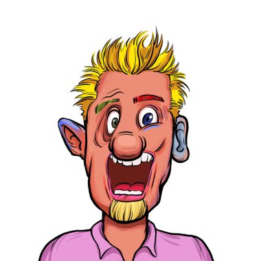 Beyaz arka planda izole edilmiş komik yüz ifadesi olan hayali çizgi film karakterinin karikatür mizahı.