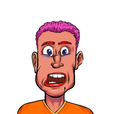 Beyaz arka planda izole edilmiş komik yüz ifadesi olan hayali çizgi film karakterinin karikatür mizahı.