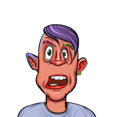 Beyaz arka planda izole edilmiş komik yüz ifadesi olan hayali çizgi film karakterinin karikatür mizahı.