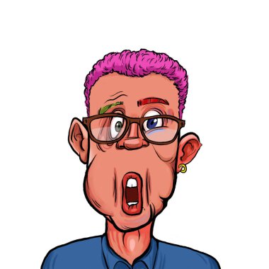 Beyaz arka planda izole edilmiş komik yüz ifadesi olan hayali çizgi film karakterinin karikatür mizahı.
