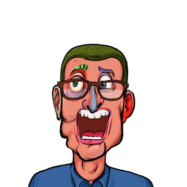 Beyaz arka planda izole edilmiş komik yüz ifadesi olan hayali çizgi film karakterinin karikatür mizahı.