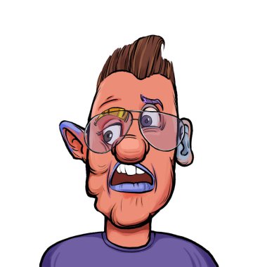 Beyaz arka planda izole edilmiş komik yüz ifadesi olan hayali çizgi film karakterinin karikatür mizahı.