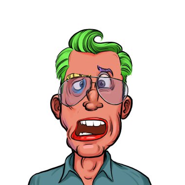 Beyaz arka planda izole edilmiş komik yüz ifadesi olan hayali çizgi film karakterinin karikatür mizahı.