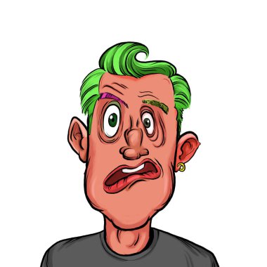 Beyaz arka planda izole edilmiş komik yüz ifadesi olan hayali çizgi film karakterinin karikatür mizahı.