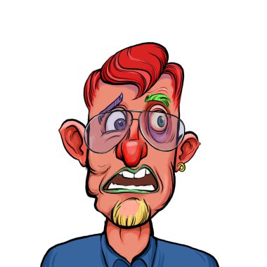 Beyaz arka planda izole edilmiş komik yüz ifadesi olan hayali çizgi film karakterinin karikatür mizahı.