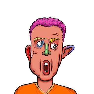 Beyaz arka planda izole edilmiş komik yüz ifadesi olan hayali çizgi film karakterinin karikatür mizahı.