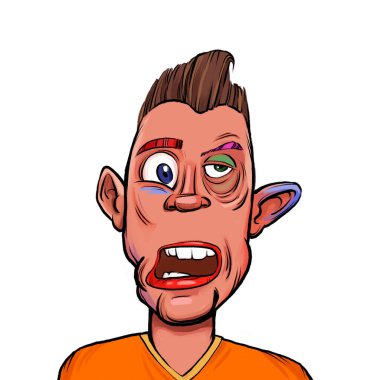 Beyaz arka planda izole edilmiş komik yüz ifadesi olan hayali çizgi film karakterinin karikatür mizahı.