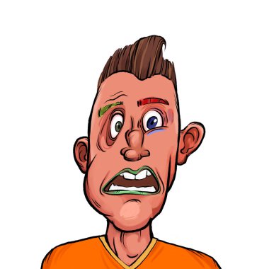 Beyaz arka planda izole edilmiş komik yüz ifadesi olan hayali çizgi film karakterinin karikatür mizahı.