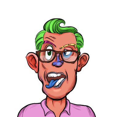 Beyaz arka planda izole edilmiş komik yüz ifadesi olan hayali çizgi film karakterinin karikatür mizahı.