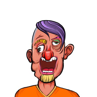 Beyaz arka planda izole edilmiş komik yüz ifadesi olan hayali çizgi film karakterinin karikatür mizahı.