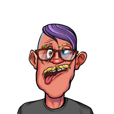 Beyaz arka planda izole edilmiş komik yüz ifadesi olan hayali çizgi film karakterinin karikatür mizahı.