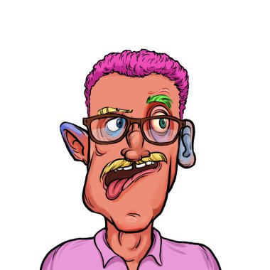 Beyaz arka planda izole edilmiş komik yüz ifadesi olan hayali çizgi film karakterinin karikatür mizahı.