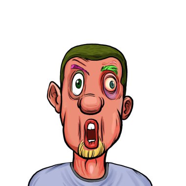 Beyaz arka planda izole edilmiş komik yüz ifadesi olan hayali çizgi film karakterinin karikatür mizahı.