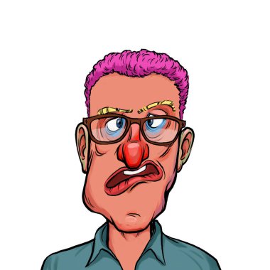 Beyaz arka planda izole edilmiş komik yüz ifadesi olan hayali çizgi film karakterinin karikatür mizahı.