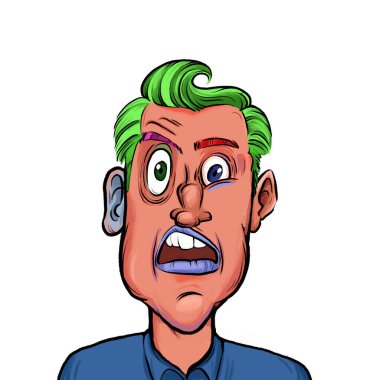 Beyaz arka planda izole edilmiş komik yüz ifadesi olan hayali çizgi film karakterinin karikatür mizahı.