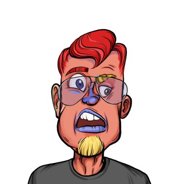 Beyaz arka planda izole edilmiş komik yüz ifadesi olan hayali çizgi film karakterinin karikatür mizahı.